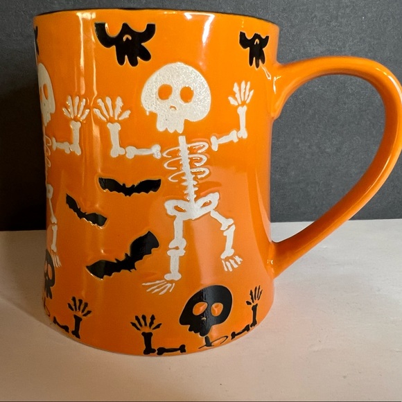 Halloween Ceramic Happy Boo Orange Mug Skeletons Bats Black White - Picture 6 of 6